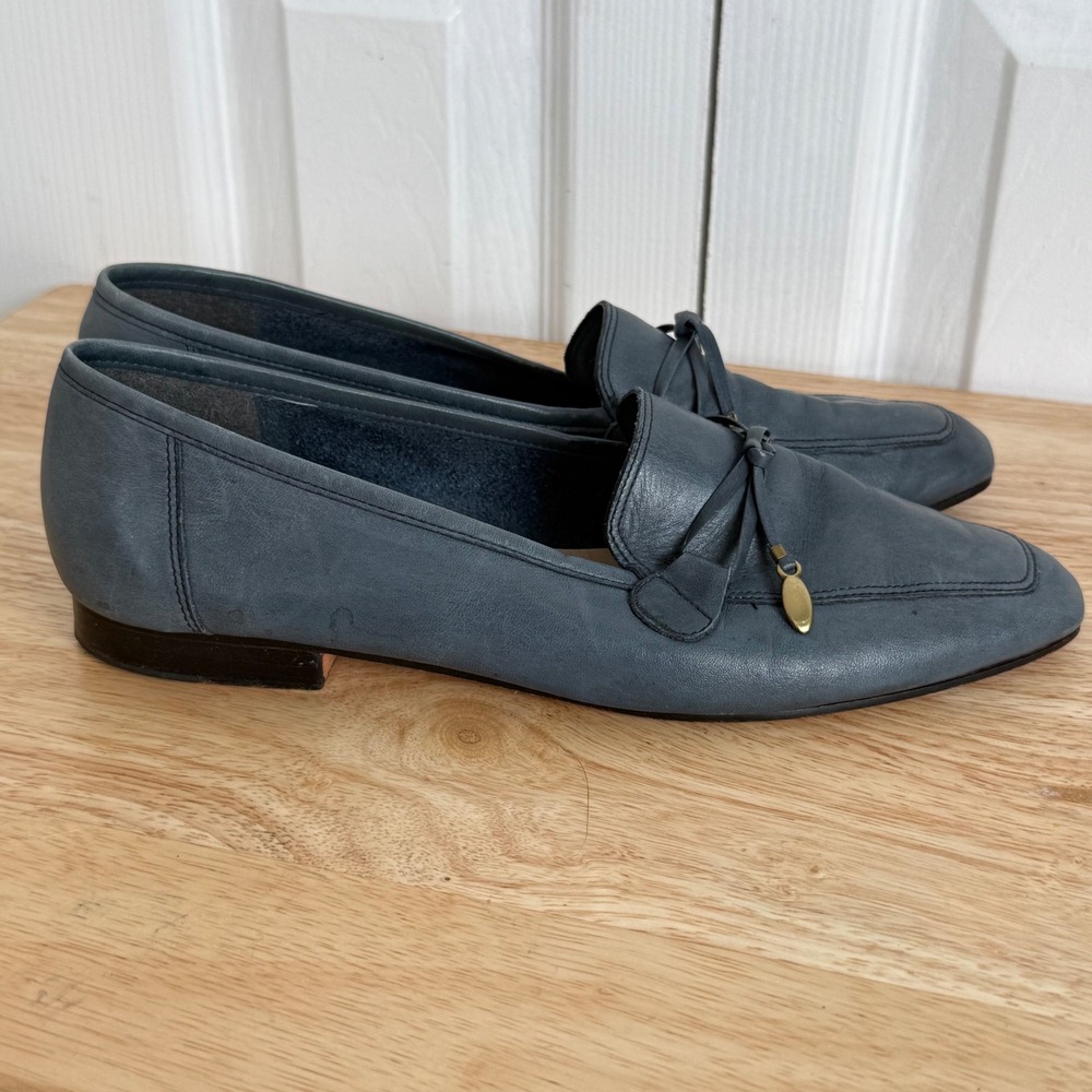 Enzo Angiolini Leather Loafers 8N Blue Bow Square Toe Dark Academia Flats